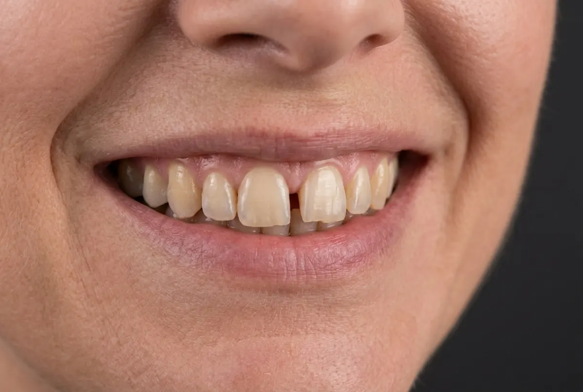 Baseline before treatment: stained, uneven teeth with a gap between the front incisors